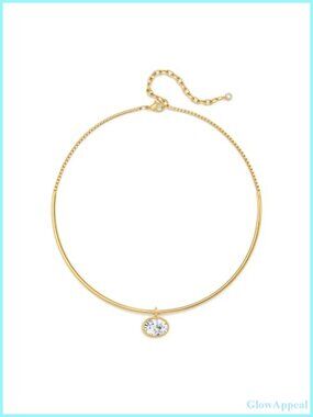 Gold Choker Collar Necklace with Oval CZ Pendant for Women